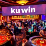 Kuwin casino scene with players at tables, engaging in thrilling games of poker and blackjack.