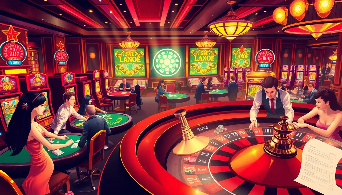 Experience the excitement of sn88 casino action with vibrant slot machines and roulette wheels in play.