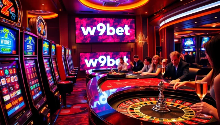 w9bet represents an exciting casino experience, showcasing players at roulette and slot machines.