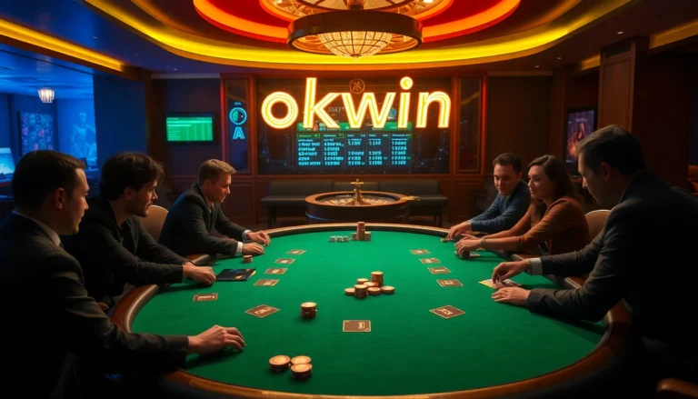 Experience the thrilling atmosphere of a casino with okwin illuminating the poker table as players strategize their next big win.