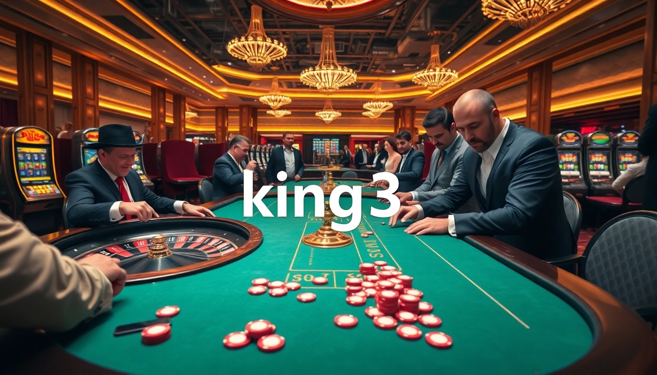 King33 enthusiasts engage in a thrilling game at the poker table amidst a vibrant casino atmosphere.