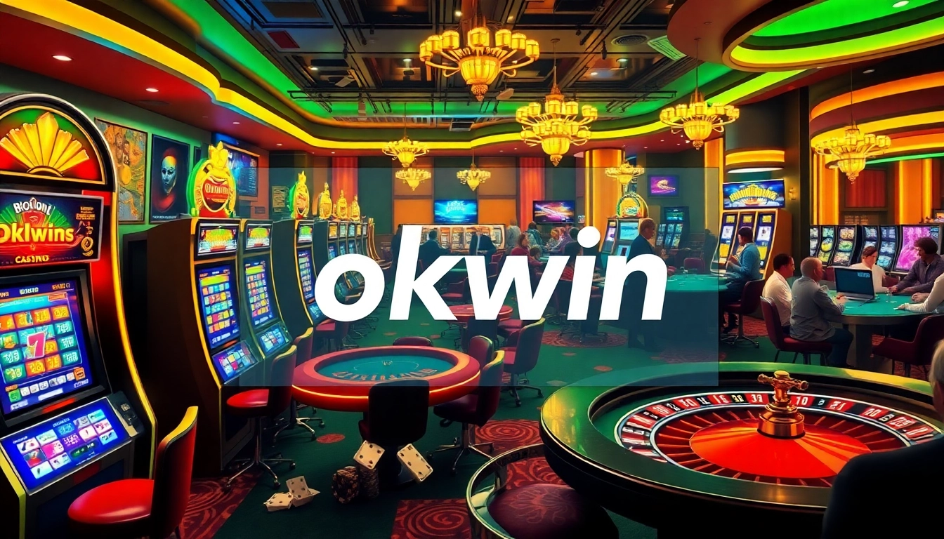 Exciting gambling action at an online casino featuring okwin slot machines and poker tables.