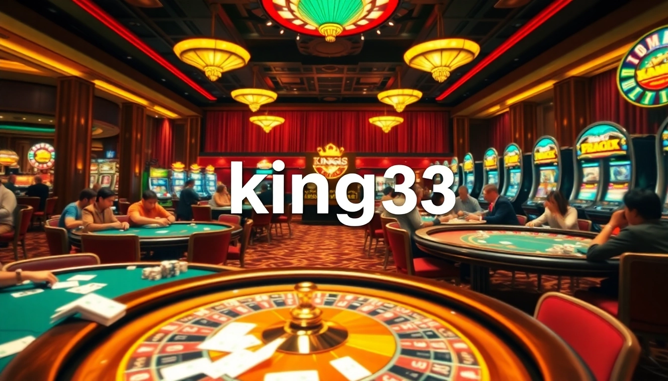 Experience thrilling gambling action at king33 poker tables filled with players and vibrant slot machines.