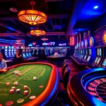 Exciting casino scene showcasing ea77 with players at tables and sparkling slot machines.