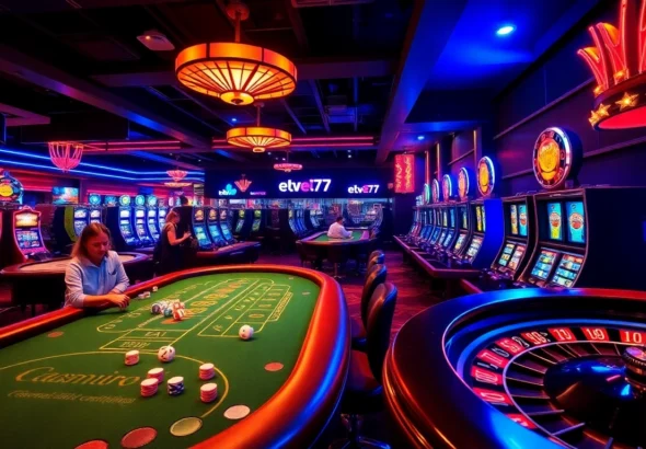 Exciting casino scene showcasing ea77 with players at tables and sparkling slot machines.