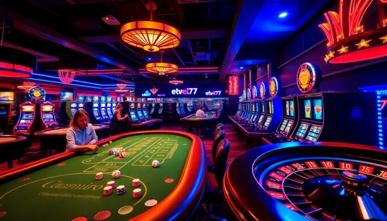 Exciting casino scene showcasing ea77 with players at tables and sparkling slot machines.