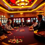 Experience the thrill of poker at kp88, featuring players and vibrant casino elements.