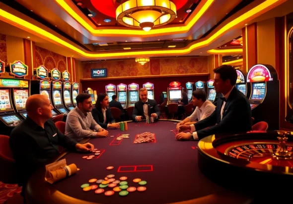 Experience the thrill of poker at kp88, featuring players and vibrant casino elements.