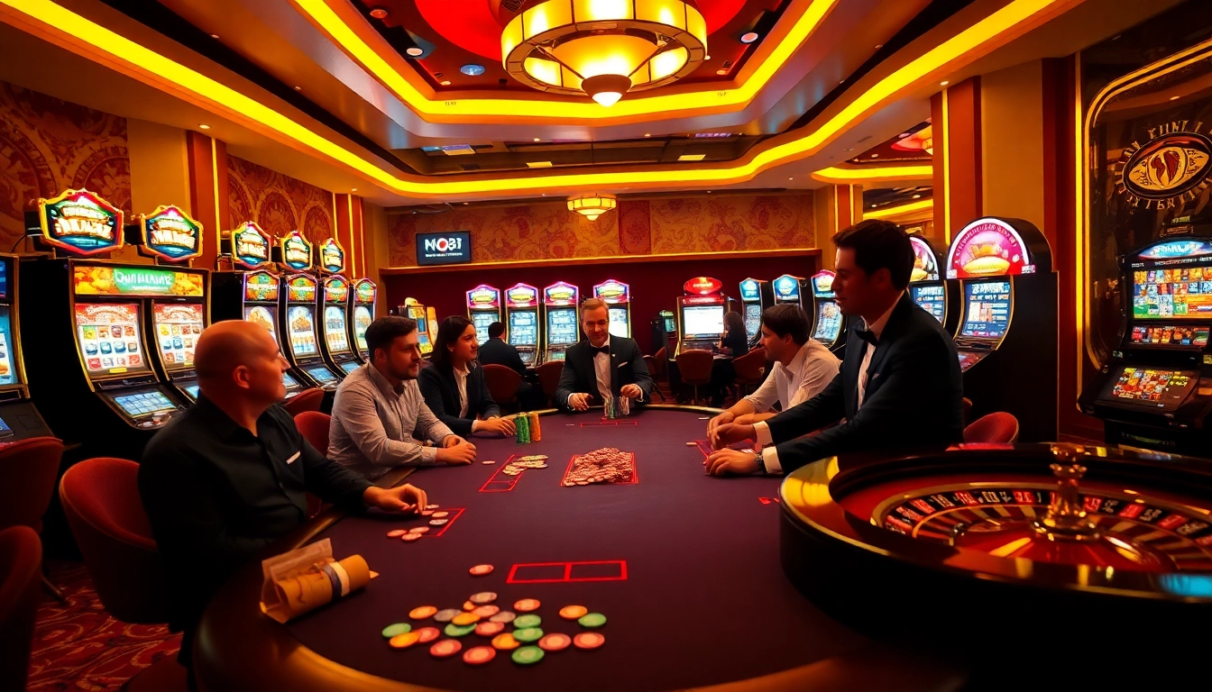 Experience the thrill of poker at kp88, featuring players and vibrant casino elements.
